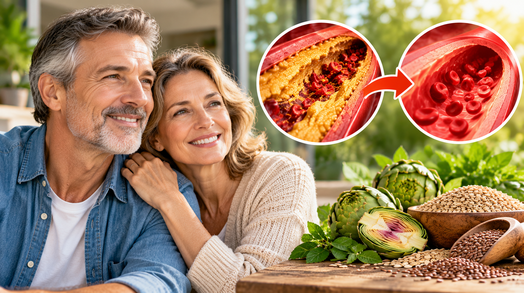 Older couple together beside a conceptual illustration comparing narrowed and open arteries