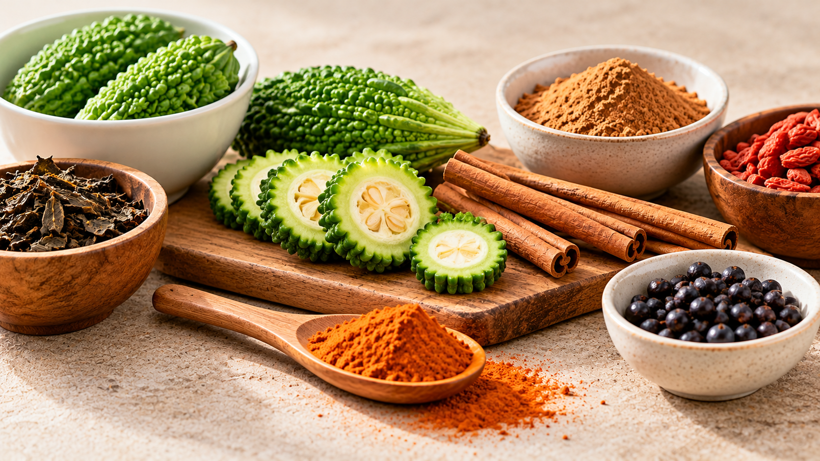 Bitter melon, cinnamon and other food ingredients arranged on a table