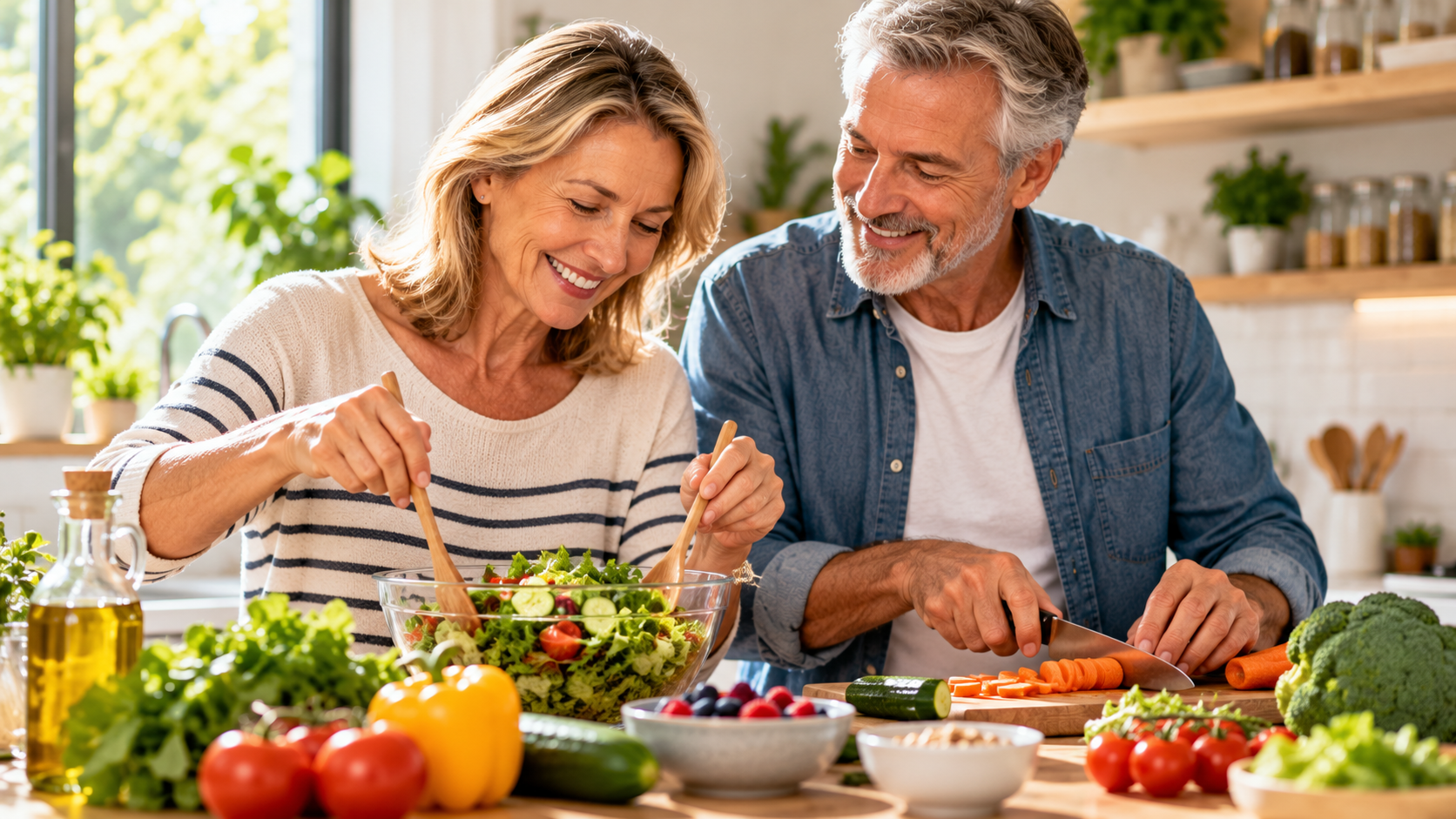 Older couple preparing a balanced meal together